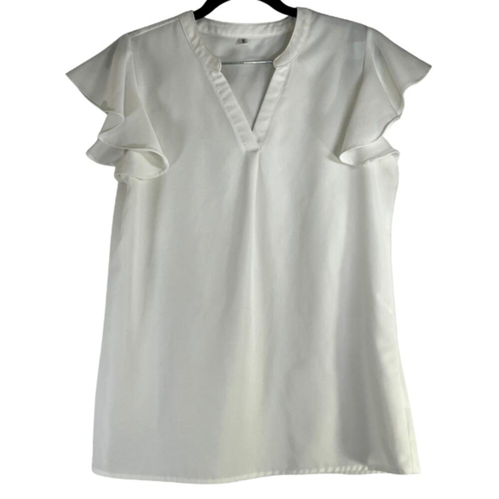 White V-Neck Ruffle Cap Sleeve Blouse Size Small